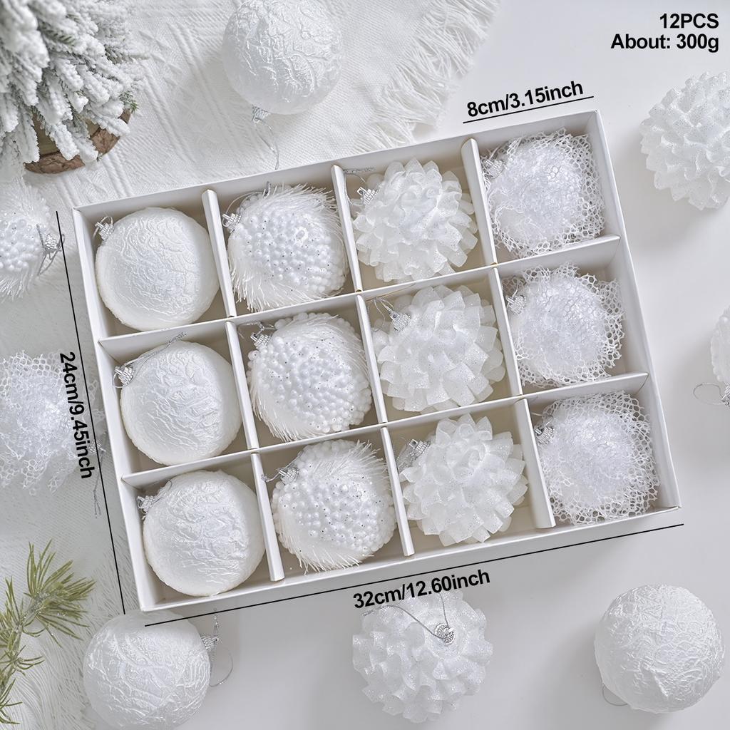 12pcs 8cm Exquisite High-end Snow White Lace Christmas Ball Ornaments Christmas Tree Hanging Decorations Gift Box Set