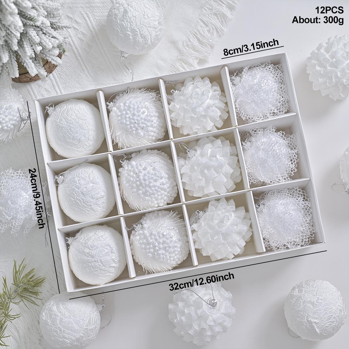 

12pcs 8cm Exquisite High-end Snow White Lace Christmas Ball Ornaments Christmas Tree Hanging Decorations Gift Box Set білий