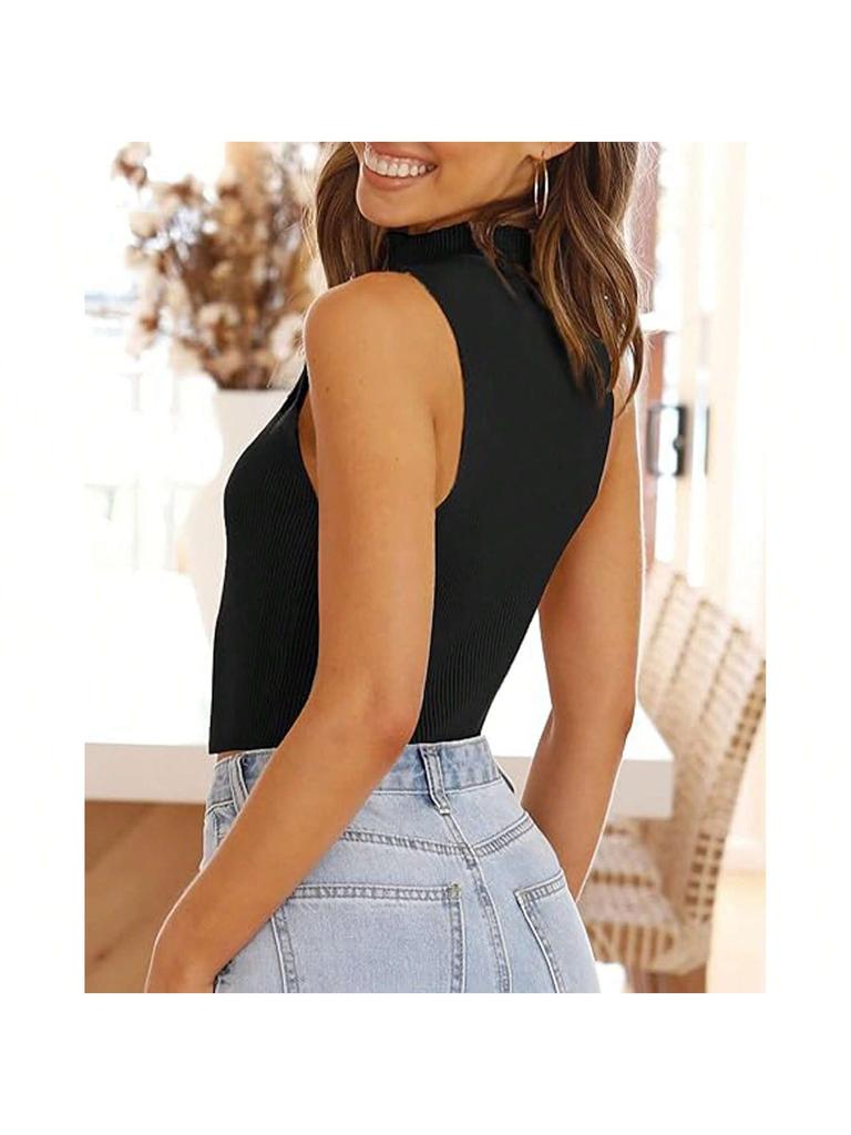 Women's Zipper Knit Crop Top Sleeveless Y2K Summer Going Out Sweater Tank