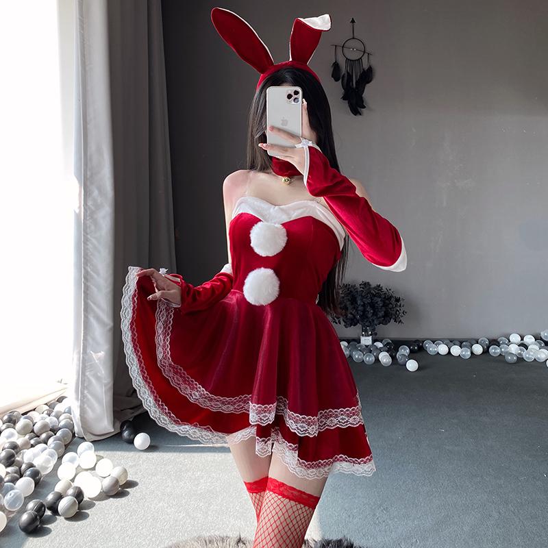 Santa Lingerie Lace Plush Red Christmas Cosplay Costumes Sexy Rabbit Girl Underwear Erotic Sleeveless Sling Nightdress