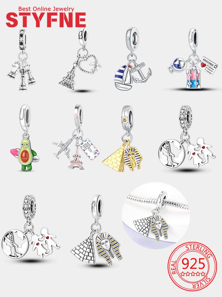 Copper Travel Series Pharaoh Pyramid Tower Anchor Plane Suitcase Charms Beads Pendant Fit Women Jewelry Bracelet Fine Gift