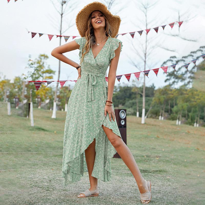 Women s Bohemian Floral Print V-Neck Tie Waist Maxi Dress Rayon Beach Vacation Flowy A-Line S зелёный