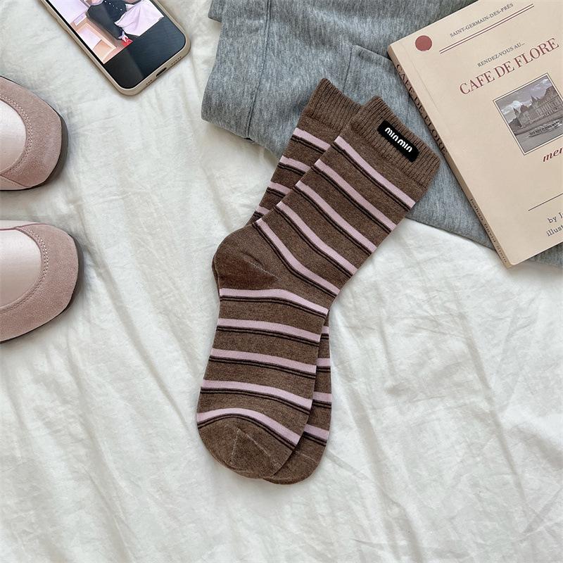 Gestreifte Stoffetikett Socken, Damen Mittelschaftsocken, Trendige Reine Baumwolle Frühling und Herbst Color-Blocked Socken, Winter Frottee Lange Socken