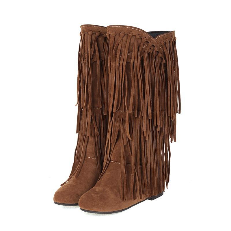 Large size boots autumn and winter new women's boots casual fringed boots college style flat-bottomed high boots women's shoes