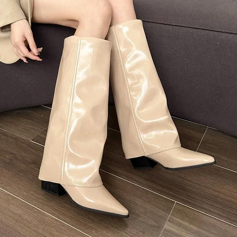 Fashion Women Chunky High Boots Pointed Toe Shoes Sexy Lady Dress Gladiator Autumn New 2024 Trend Retro Fad Woman Boots Goth Botas Mujer
