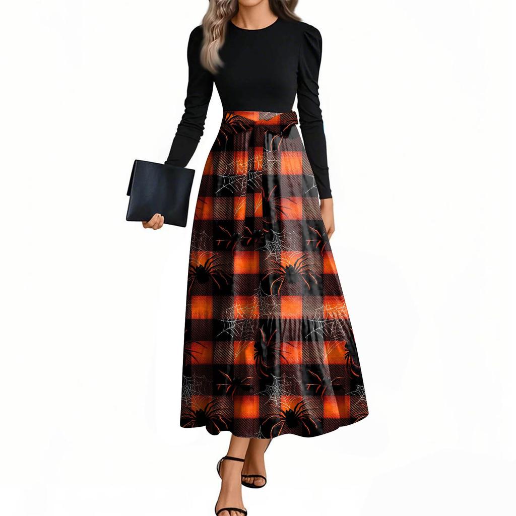 Women's Fashion Casual Belted Long Sleeve Round Neck Halloween Printed Elegant Temperament Dresses