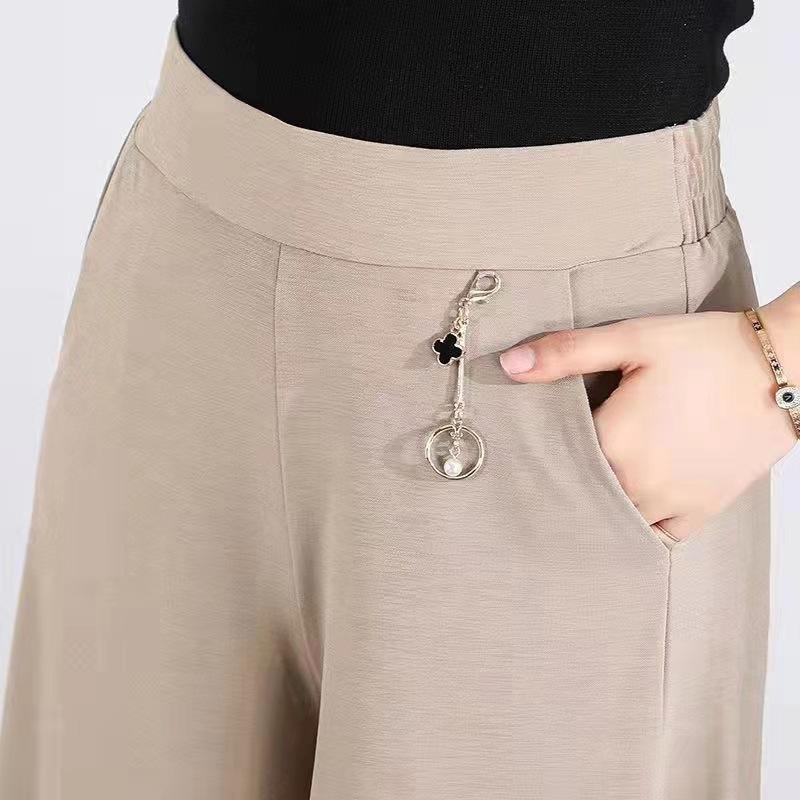 Mom Summer Large Wide Leg Pants Thin Nine Cent Skirt Pants Female Middle Aged Elastic Waist Ice Silk Pants Female Casual Swing Leg Pants