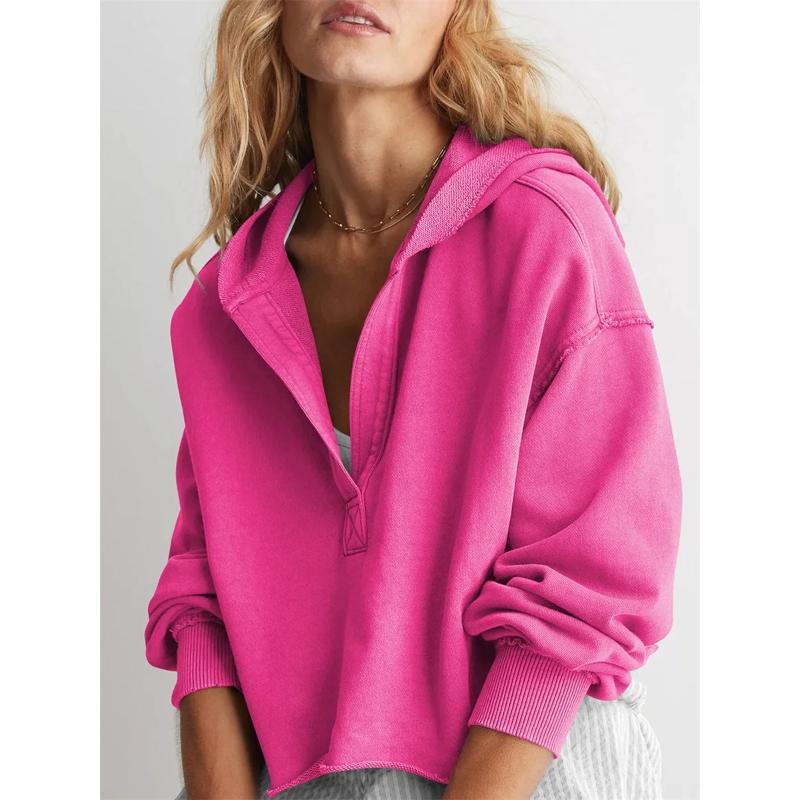 Modisches Damen Kapuzenpullover für Frühling und Herbst Langarm Einfarbige V-Ausschnitt Crop Hoodie
