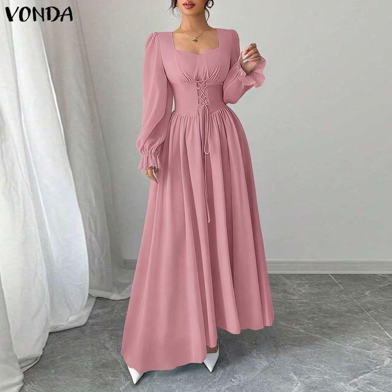 VONDA Elegante Abito Maxi da Donna con Scollo Quadrato, Maniche Lunghe, Allacciatura, Casual, da Festa, con Volant, Svasato