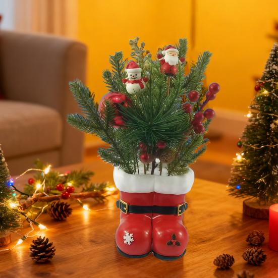 Jultomtens Stövlar Planter Röd och Vit Harts Jultomtens Stövlar Blomkruka med Spänne och Snöflingeaccenter Högtidsbordsdekoration för Spiselhylla