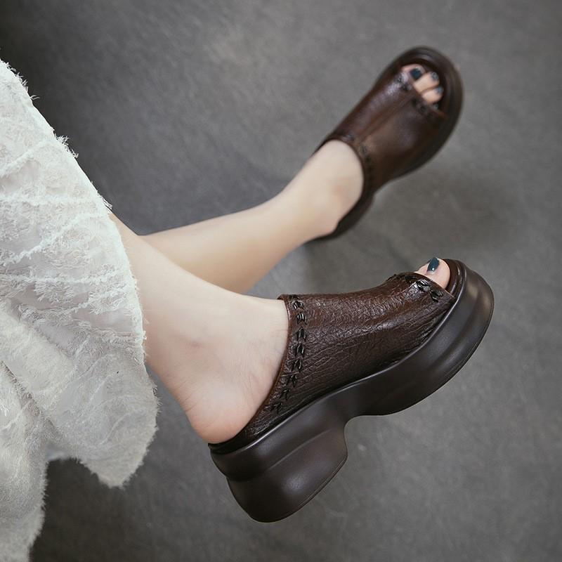 Johnature Genuine Leather Peep Toe Wedges Slippers Versatile Thick Soled Comfortable Women's Outdoor Slides