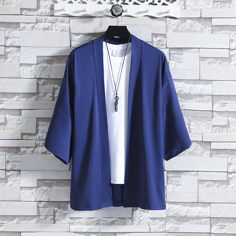 

Літній тонкий китайський стиль Ice Silk Sunscreen Clothing Daoist Robe Hanfu Чоловіча повсякденна куртка-кардиган з короткими рукавами і три чверті XXXXXL синій