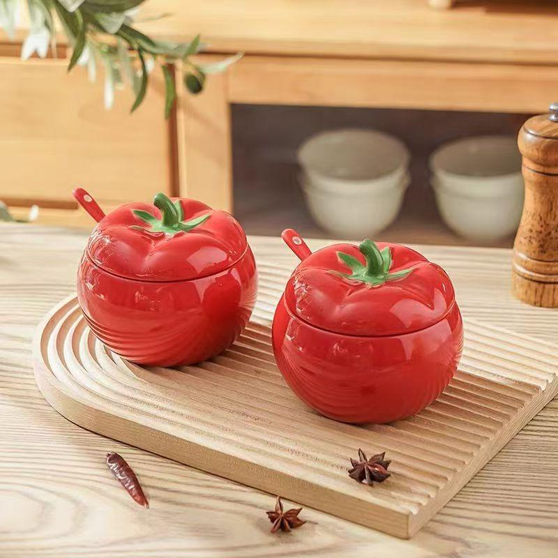 Tomato Ceramic Seasoning Container Seasoning Box Salt Jar Kitchen Storage Container Cartoon Tomato Bottle Kitchen Accessories