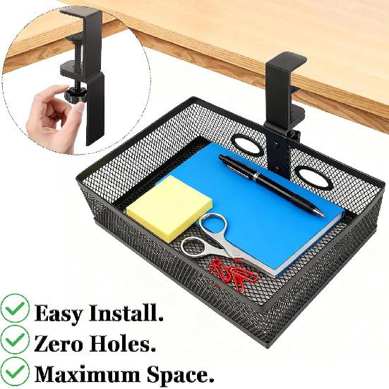 Under Desk Organizer with 360° Swivel, Clamp-On No Drill tallation, Sturdy Mesh Storage Drawer for Home Office, Pencils, Art Supplies and More