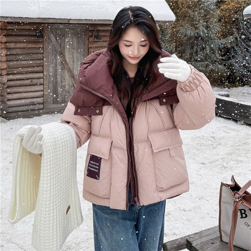Damen Winter Colorblock Kapuzen Daunen Baumwolljacke Locker Kurz Gepolsterte Jacke Koreanisch Trendy