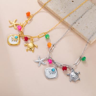 1pc Fashionable Women's Stainless Steel Sunstar Turtle Colorful Beaded Pendant Necklace, Unique  Elegant Necklace Gift For Friends