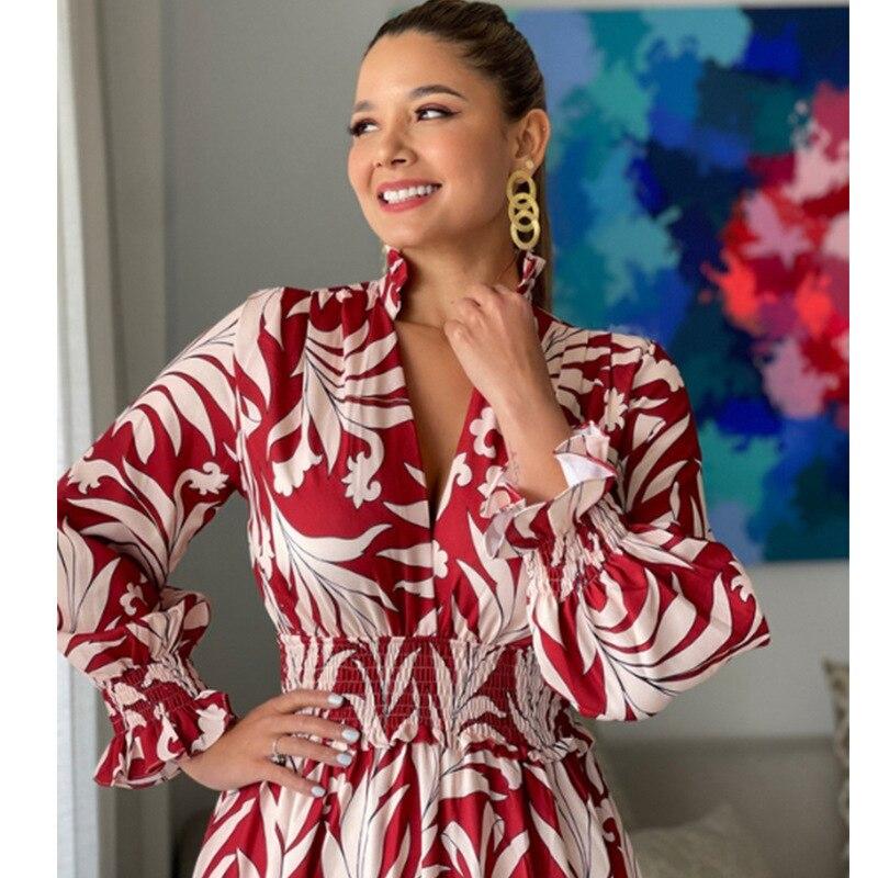Spring  Shirring Elastic Waist Long Dress Fashion V-neck Bohemian Dress Elegant Puff Long Sleeve Printed Dress Vestidos 26351
