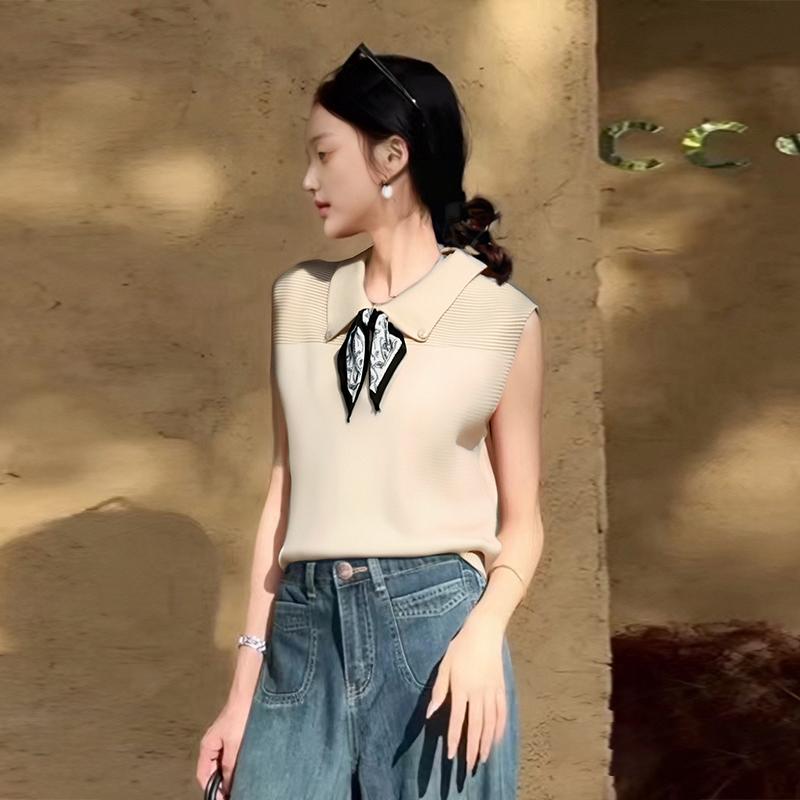 Fashionable And Casual Contrasting Navy Collar Knotted Sweet Loose Sleeveless Vest