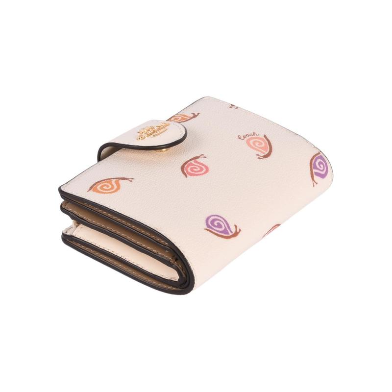 COACH Corner Zip 13 Snail print multi-card slot snap closure Smooth leather and coated canvas Card holder wallet Women's Chalk White