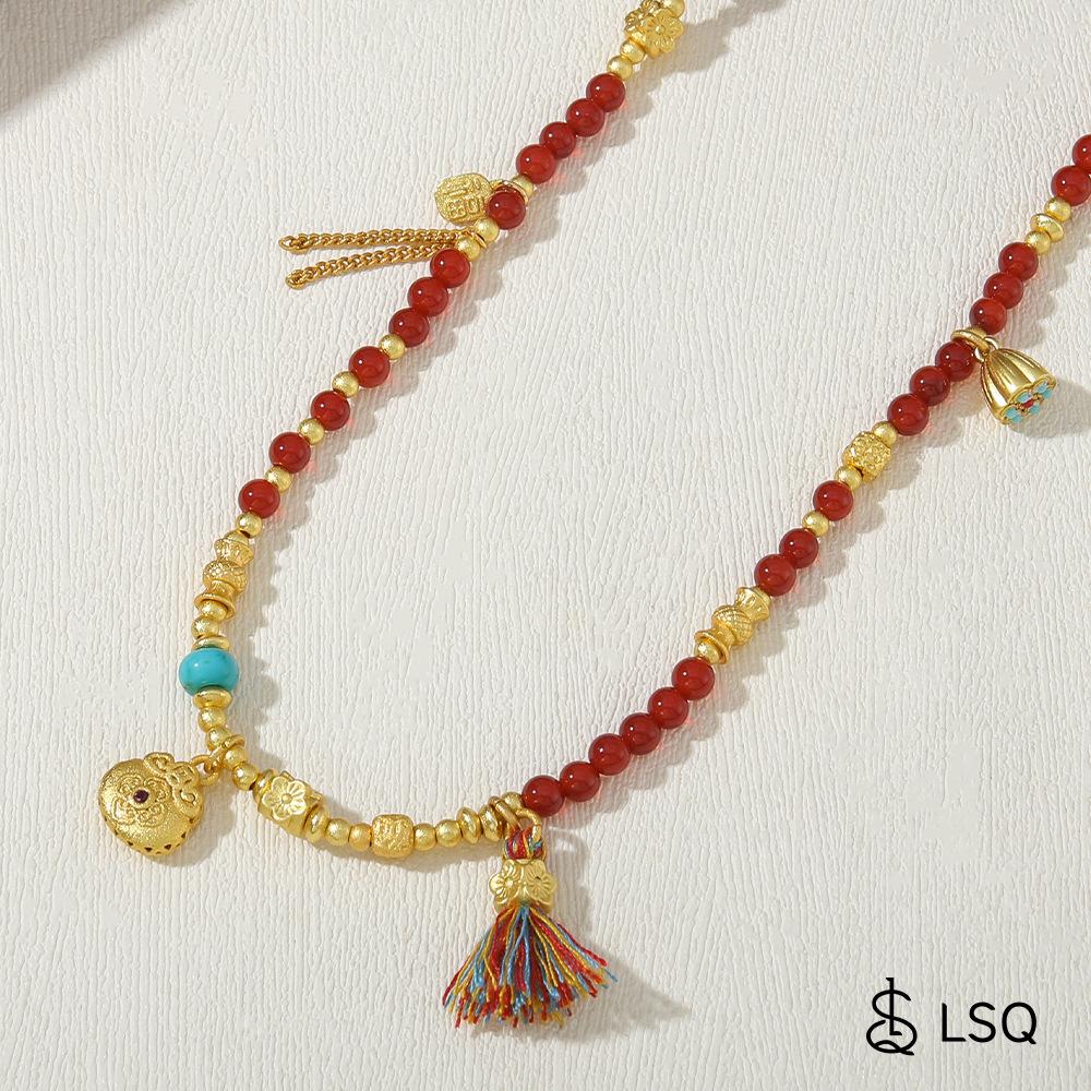 GEMCHIC Women s Vintage Red Agate Beaded Necklace with Gold Fortune Bag Pendant and Tassel