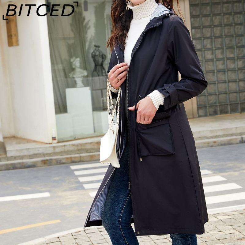 BITCED Spring/Fall Long-Sleeve Casual Trench Coat for Women Water-Resistant Hooded Solid-Color Top Striped Lining Straight-Cut Jacket