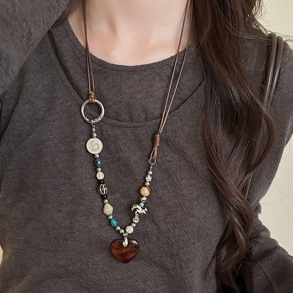 Heart-shaped Wood Pendant Necklace Ceramic Women Jewelry New Long Sweater Chain Necklace  for Women