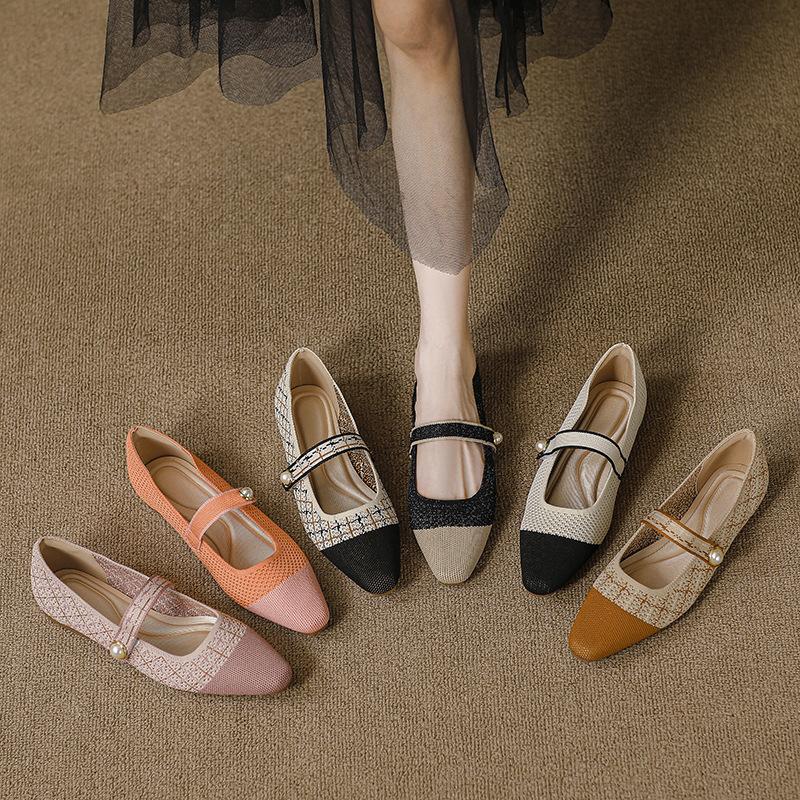 Mary Jane Einzelschuhe Damen Frühling und Sommer neu eckige Spitze flacher Ausschnitt flacher Boden gestrickt weichsohlig Fly-Knit Schuhe