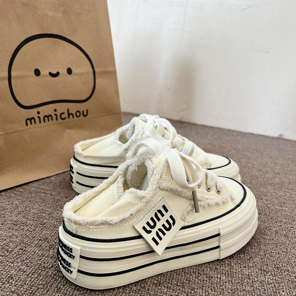 Two Wear Thick-soled Heel Can Step On Rough-edged Flowing Sail Cloth Shoes, Spring and Autumn Student Canvas Shoes, Women