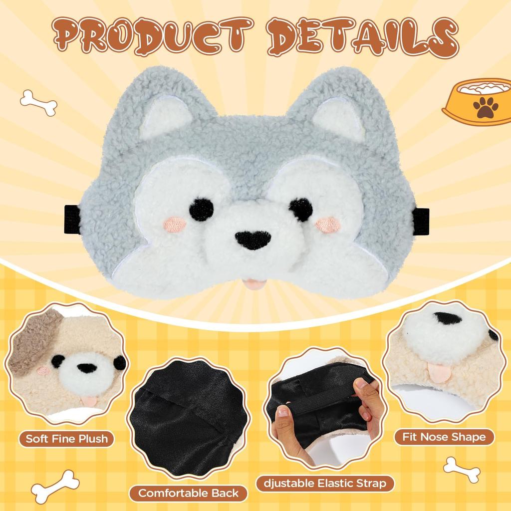 2PCS, Cute Sleep Mask, Cute Plush Dog Sleeping Mask - Adjustable Elastic Strap Eye Cover, Soft Puppy Blindfold for Blackout Sleep Travel Nap, Fun