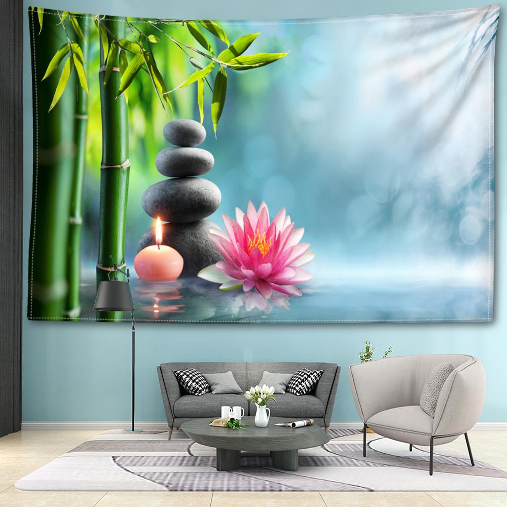 Tapiserie Agățată de Perete Piatră de Lotus și Pădure de Bambus Boem Peisaj Natural Artă Minimalistă Living Dormitor Decor Acasă