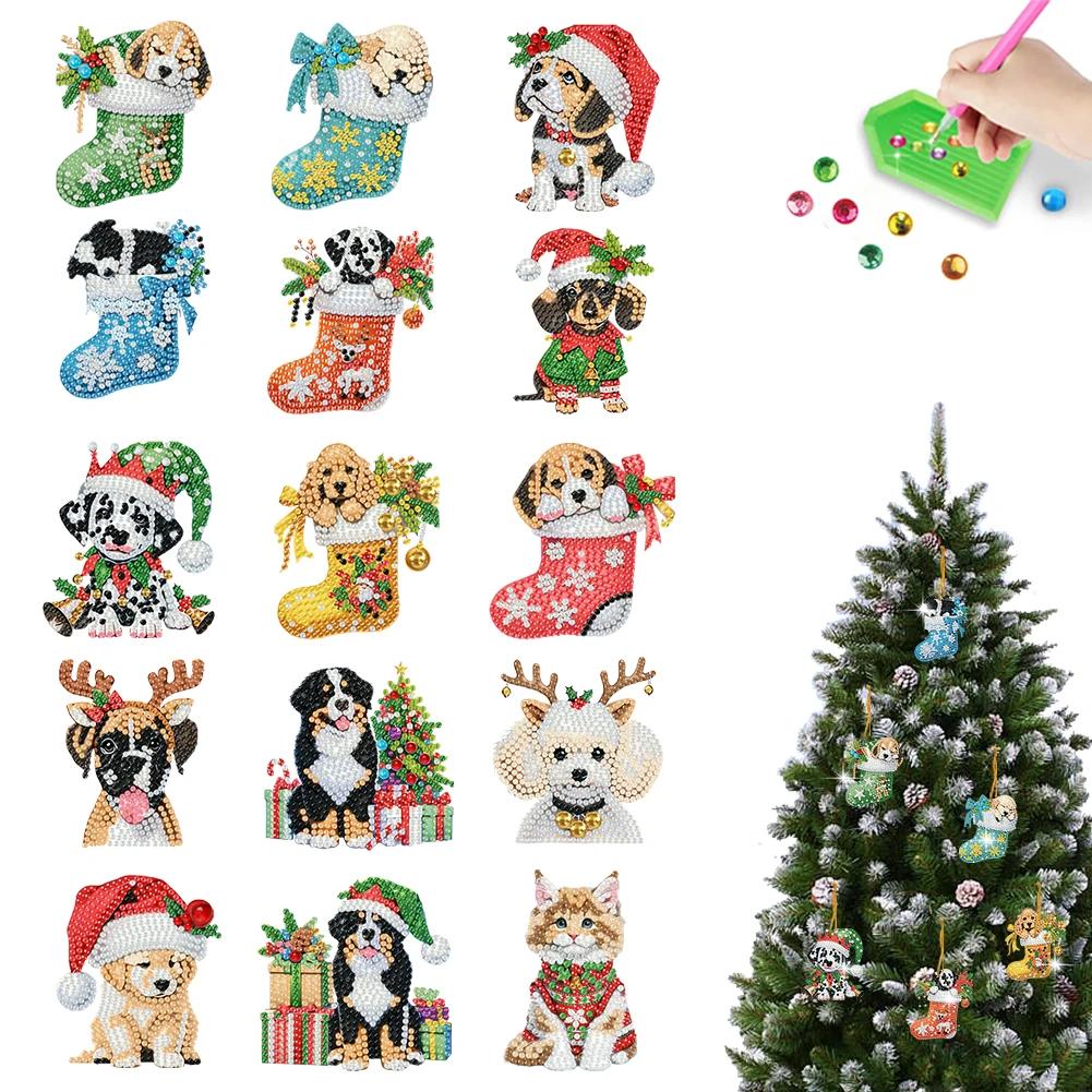 6/10/15pc Xmas Theme 2D/Flat DIY Hanging Diamond Art Kits Acrylic Rhinestone Diamond Christmas Tree Wall Window Pendant Ornament