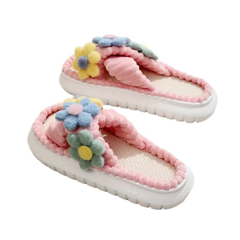 Linen Slippers Crossed Winter Flowers Crossed with Corduroy Slippers