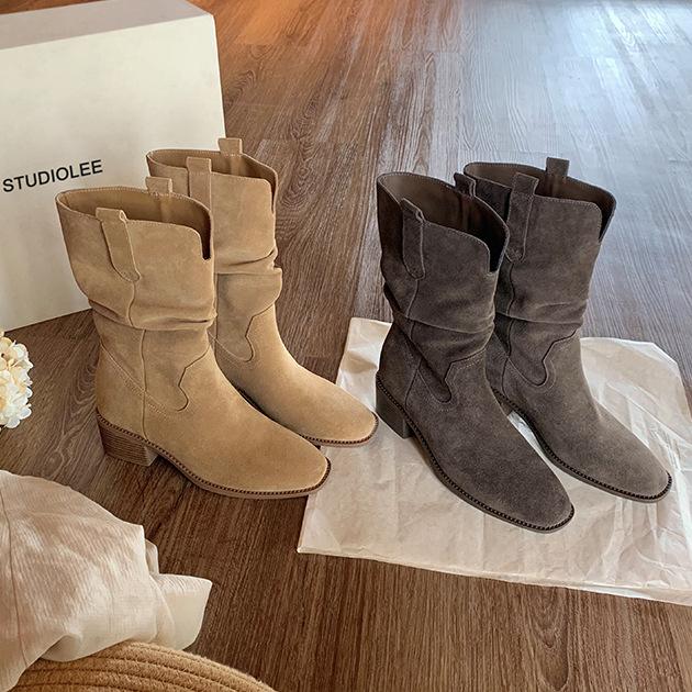 New spot grape mother medium tube knight boots 2025 new V-mouth thick heel increased height and thin large tube circumference stacked