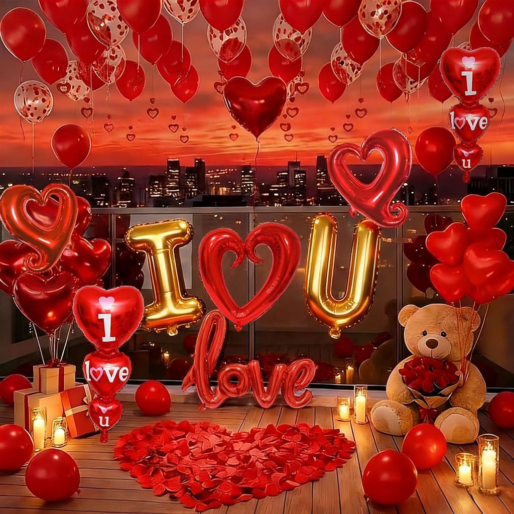 Valentine's Day Balloon Set Red Heart Balloon Simulation Petals for Valentine's Day Proposal Wedding Romantic Decor