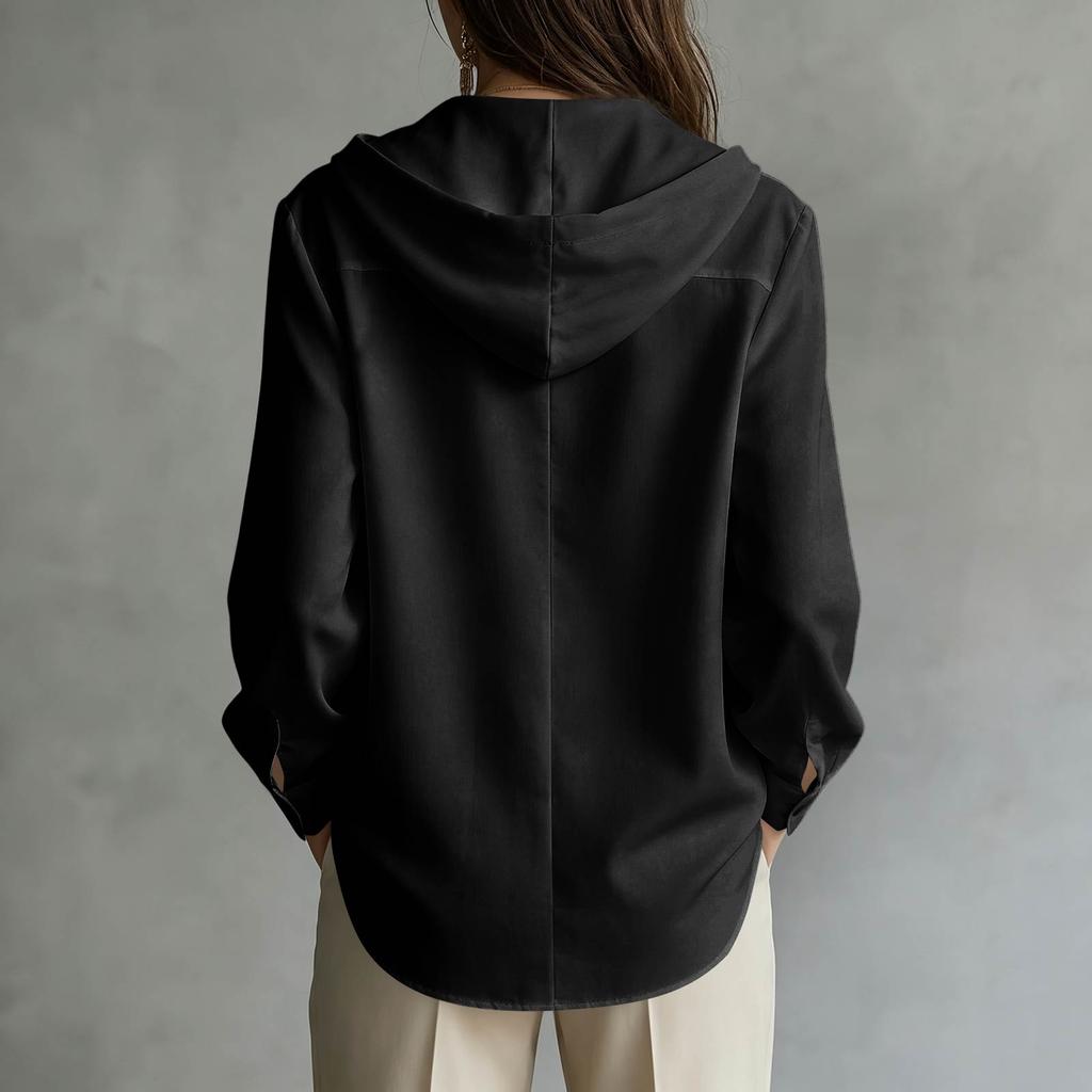 Women's Casual Long Sleeve Hooded Shirt with Drawstring, Wooden Buttons and Patch Pockets - Loose Fit