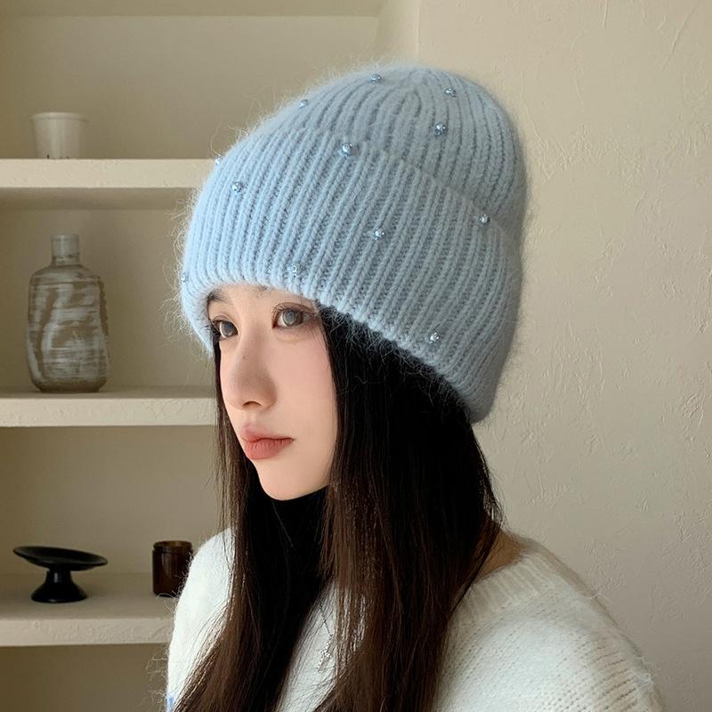 Neuer Perlen-Kaninchenhaar-Strickhut Damen Winter Outdoor Warm Mode Ohrenschützer Wollmütze