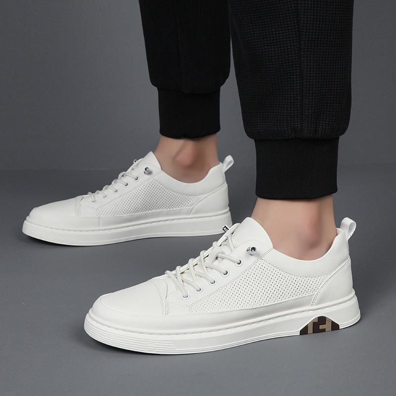 2025 Summer Hollow Perforated Breathable Genuine Leather Casual Board Shoes Men'S Versatile White Shoes Men'S Shoes
