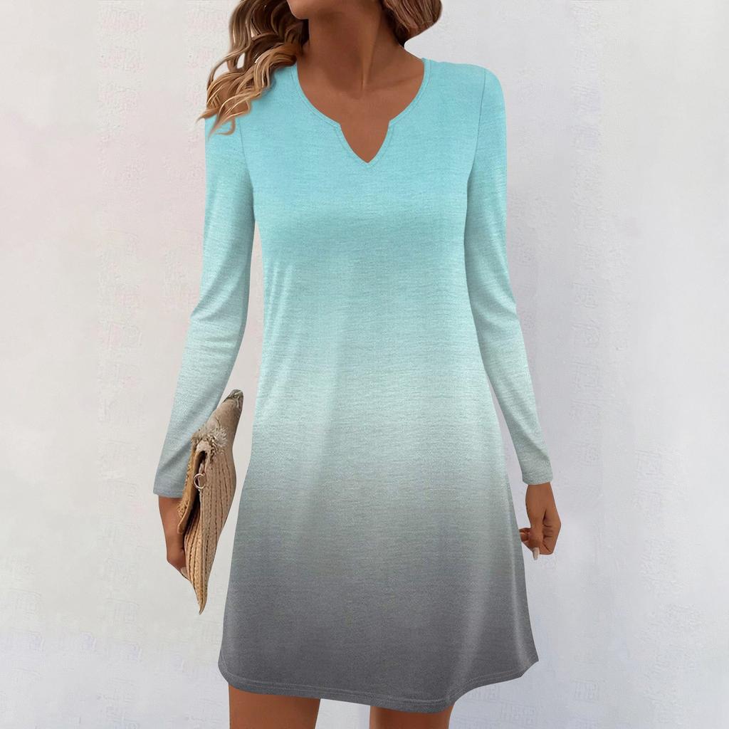 Women's Long-sleeved Casual Midi Dresses V-Neck Print  Casual Dress