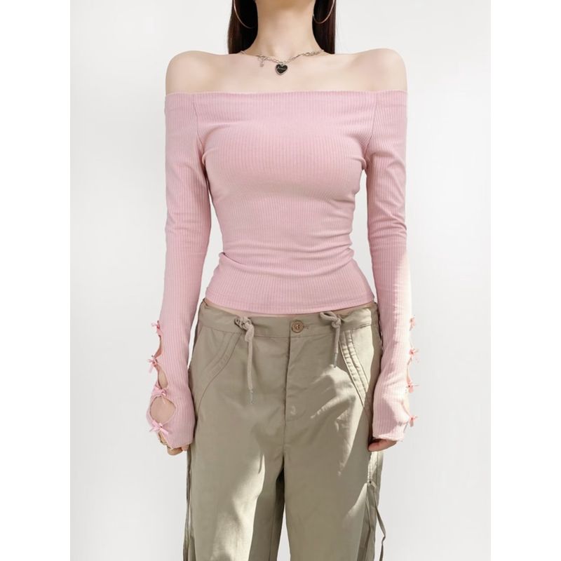 Za2024 Spring New Women's Clothing off-Shoulder Cut Out Design Silm off-Shoulder Long Sleeves Cuff Bow Top