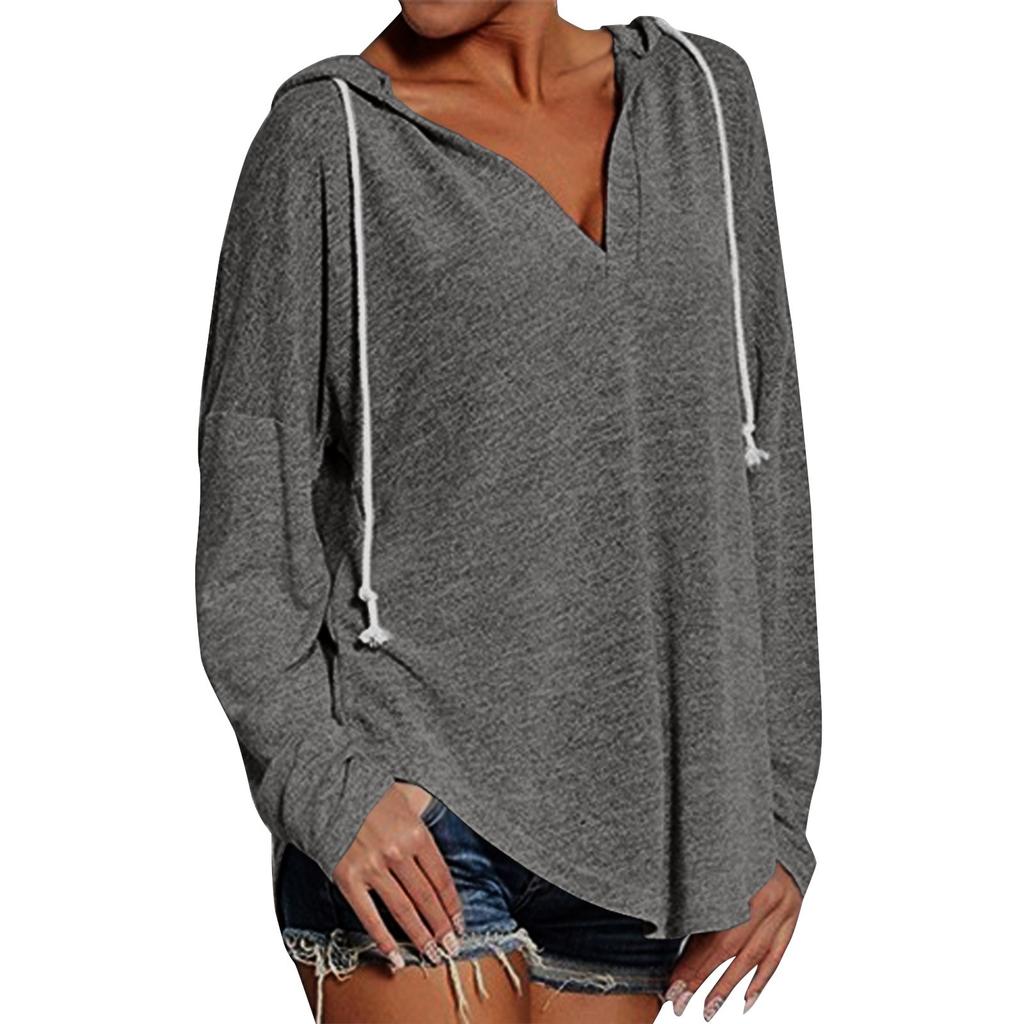 Women's Fashion Long Sleeve Lightweight Hooded Color Drawstring Top