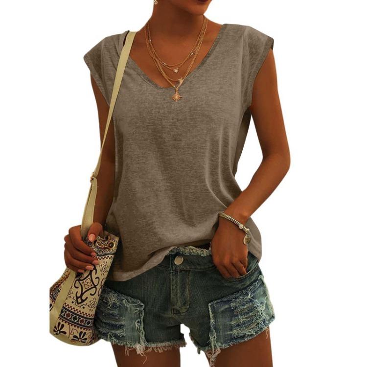 Women Fashion Casual V Neck Loose T-Shirt Solid Color Short Sleeve Top