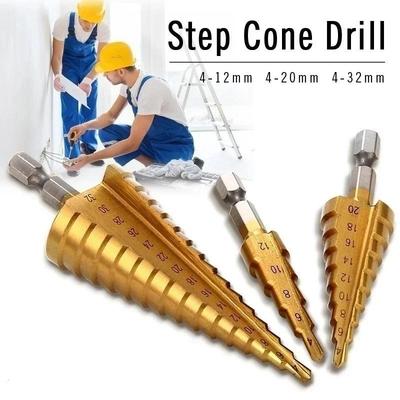 4-12/20/32mm HSS Stahl Große Schritt Kegel Titan Beschichtet Metall Bohrer Cut Werkzeug Set Loch Cutter (1 Stück Gold)