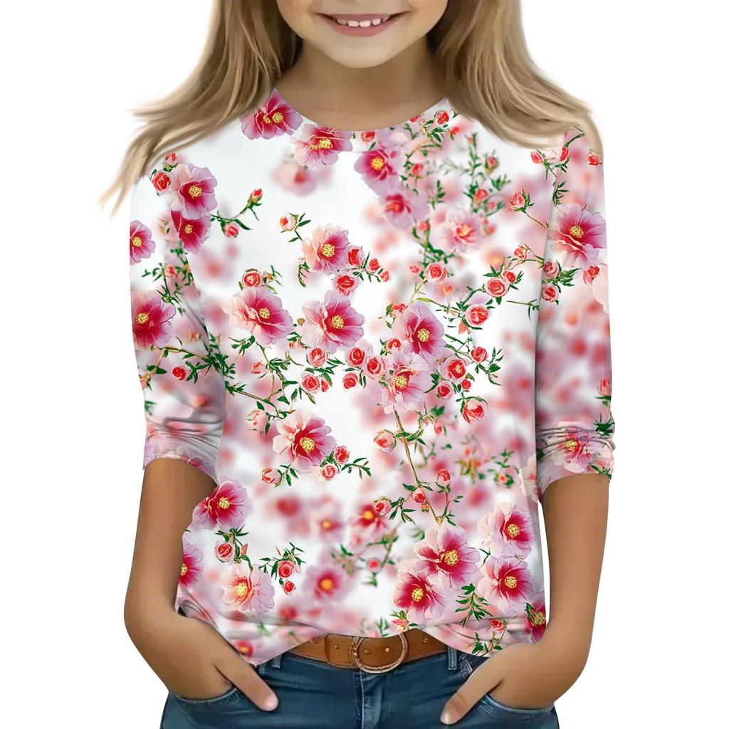 Print Tops For Youth Girls 5-16 Years Round Neck 3/4 Sleeves T-Shirts Trendy Tops Outfit Tees