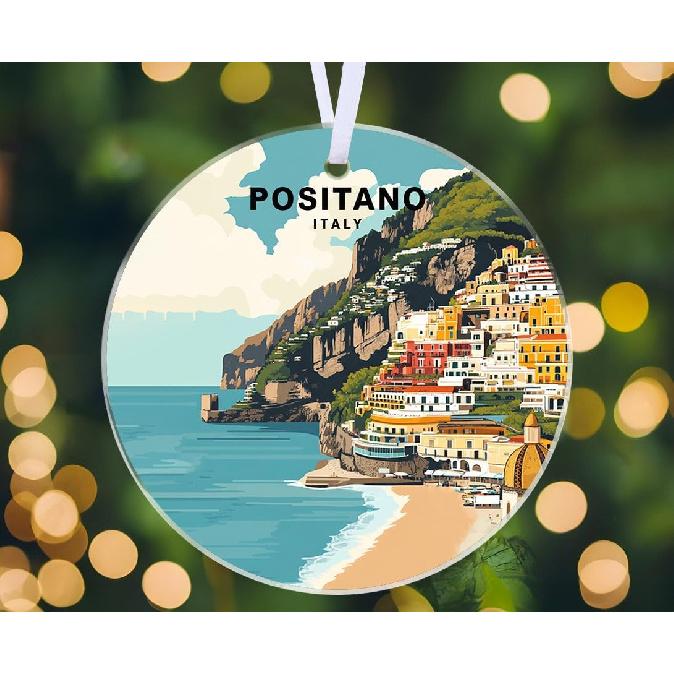 Positano Italy Acrylic Ornament - Amalfi Coast Colorful Cliffside Houses Artwork - Scenic Mediterranean Travel Souvenir Keepsake - Holiday Ornament