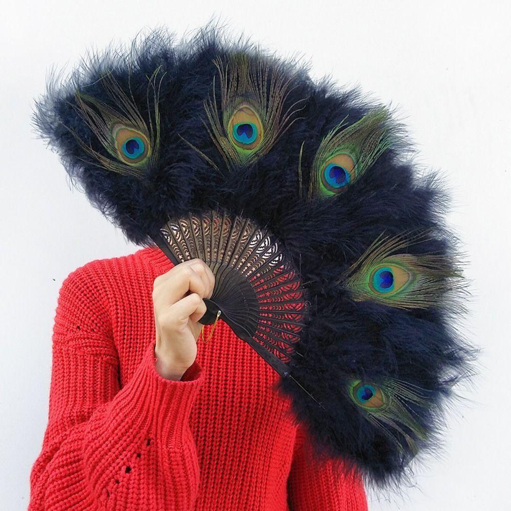 Handheld Peacock Feather Fan With Tassel Feather Dance Fan Elegant Folding Hand Fan  Home