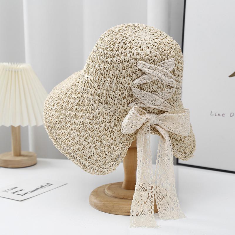 

Women Hats 2026 Summer Foldable Wide-brimmed Bow-knotted Lace Frilly Straw Hat Stylish Versatile Sun Protection Beach Sun Hat бежевый