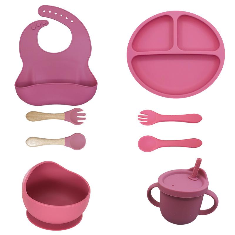 Silicone Baby Feeding 8-Piece Tableware Set with Compartment Plate
