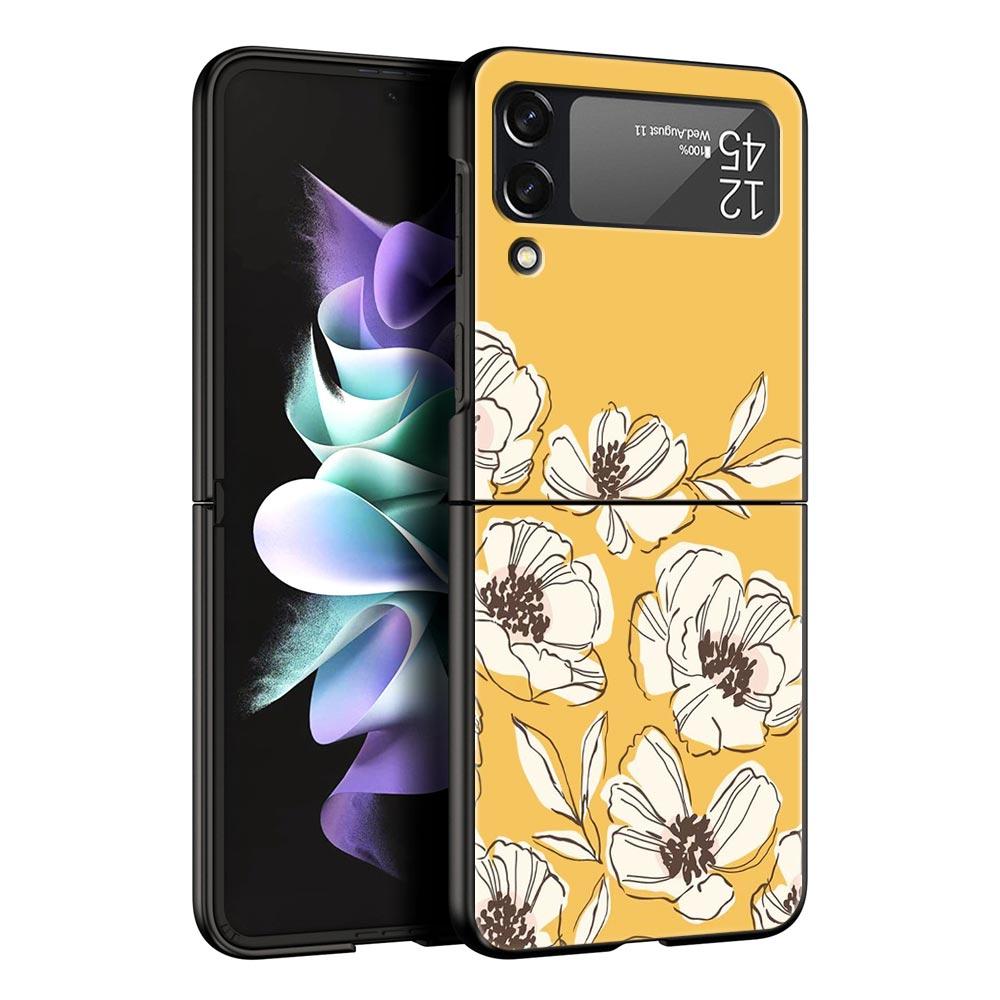 Flower Phone Case For Samsung Galaxy Z Flip3 Flip4 Flip5 PC Bumper Shell For Z Flip 3 4 5 Black Hard Folding Back Cover