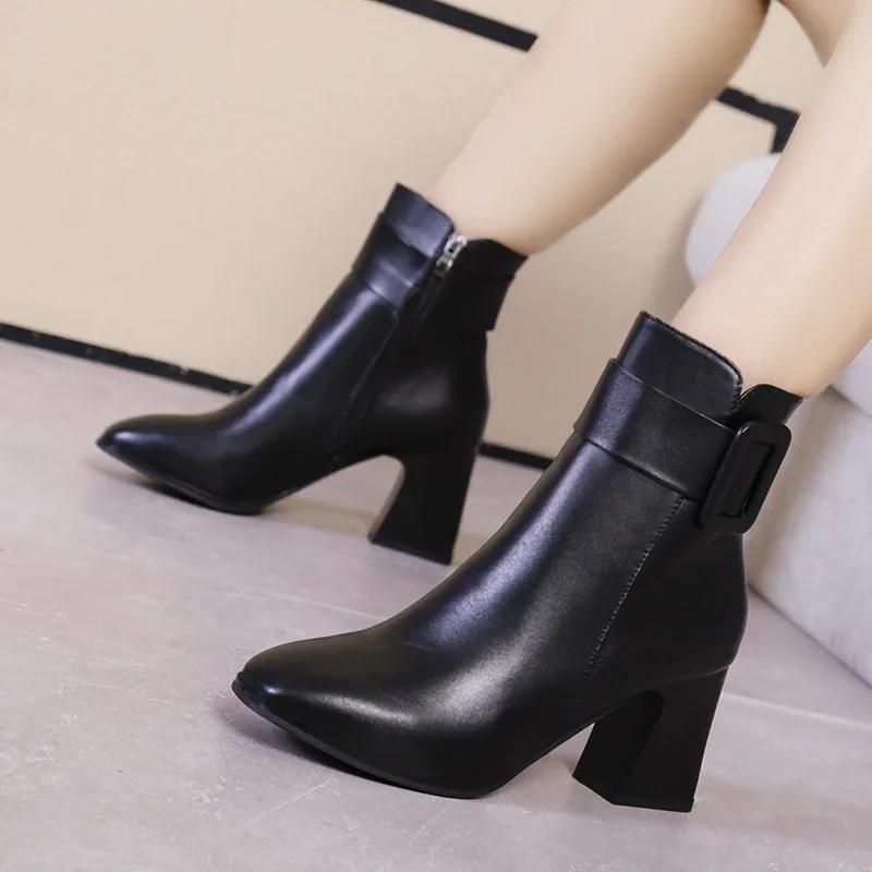 White Black Thick High Heel Ankle Boots Women  Pointed Toe Keep Warm Elegant Short Booties Ladies Ankle Buckle Decoration
