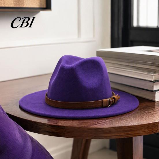 Outdoor Hiking Headwear Wool Felt Fedora Hat, Unisex Panama Hat with Faux Leather Band, Casual Daily Wear Wide Brim Vintage Trilby for Women